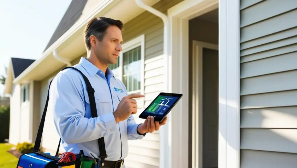 un auditeur energetique devant une maison