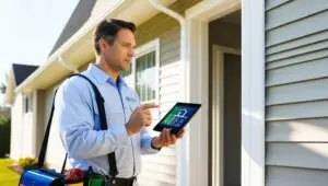 un auditeur energetique devant une maison