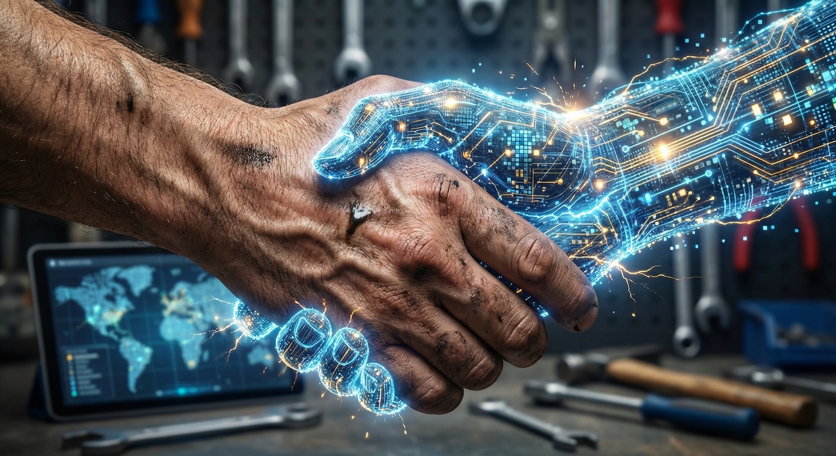 a worker's hand and a digital hand