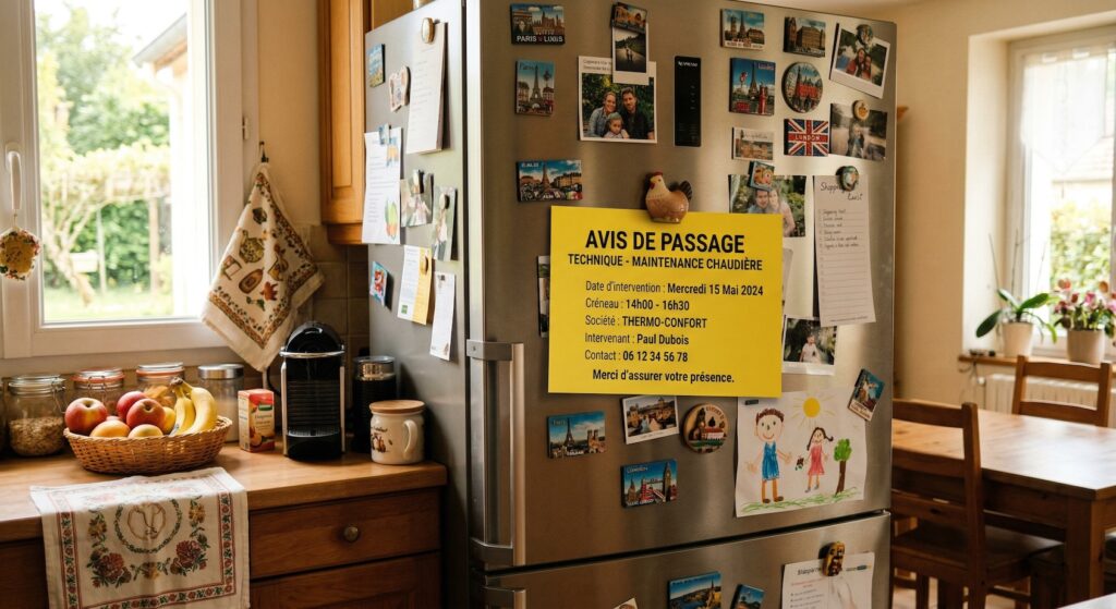 a magnet on a fridge holding a delivery notice