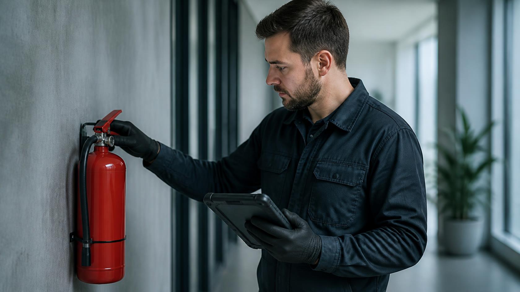 Technician ensuring traceability of fire inspections on a fire extinguisher