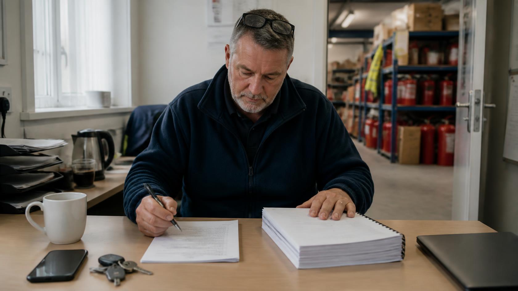 Manager of a fire maintenance company comparing two software quotes in his office