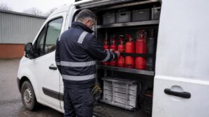 Tecnico della manutenzione antincendio che controlla la scorta di estintori nel suo furgone prima del giro