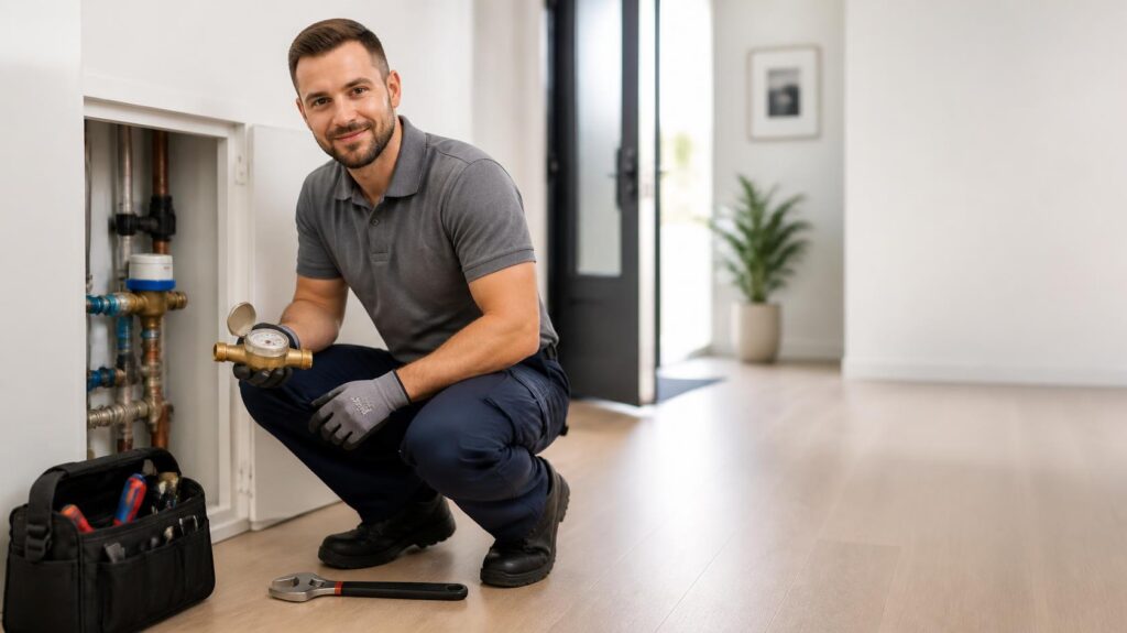 Technicien réalisant le renouvellement d'un compteur d'eau dans le placard technique de l'entrée d'un logement
