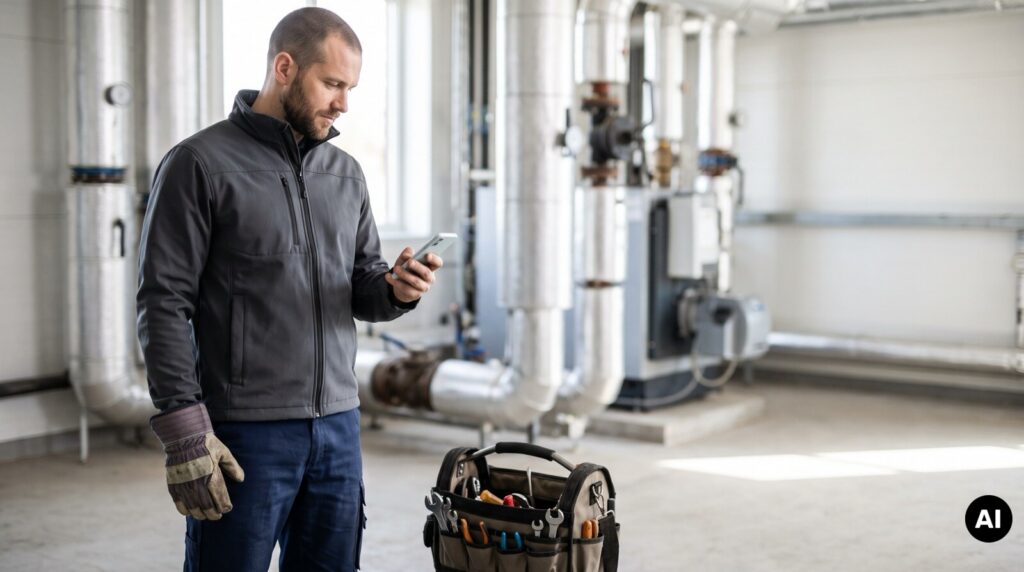 Ergonomie logiciel : technicien qui utilise l'application d'intervention au pouce sur son smartphone. Image générée par IA, personnage fictif.