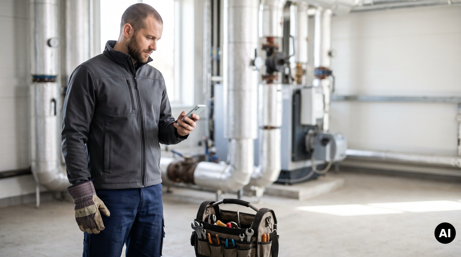 Ergonomie logiciel : technicien qui utilise l'application d'intervention au pouce sur son smartphone. Image générée par IA, personnage fictif.