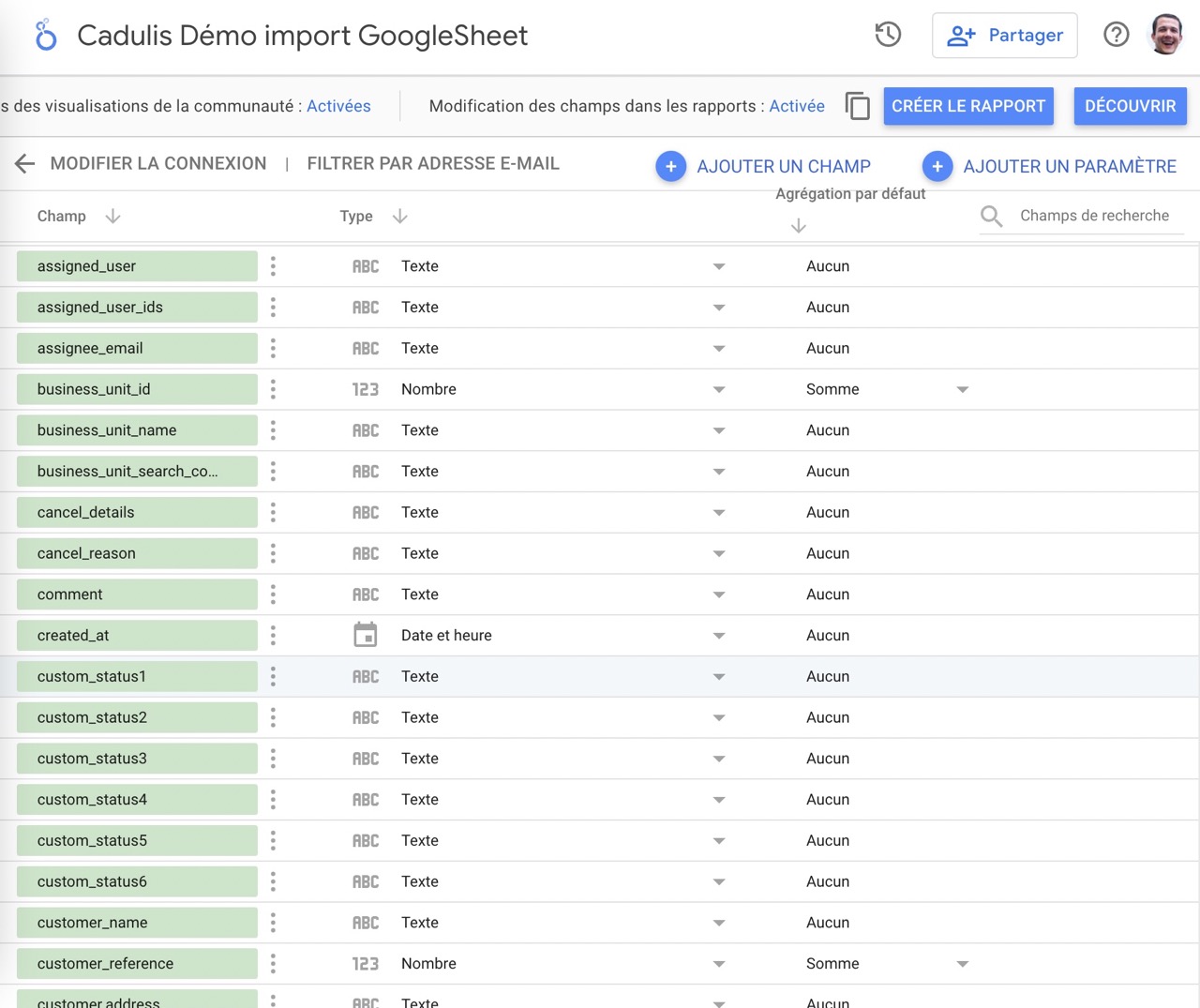 Google Data Studio datasource fields