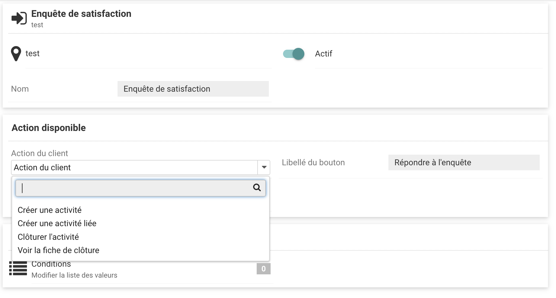 Configuration d'une action disponible sur le portail client