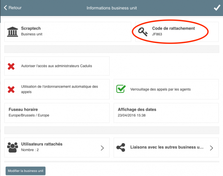 Code de rattachement de business unit