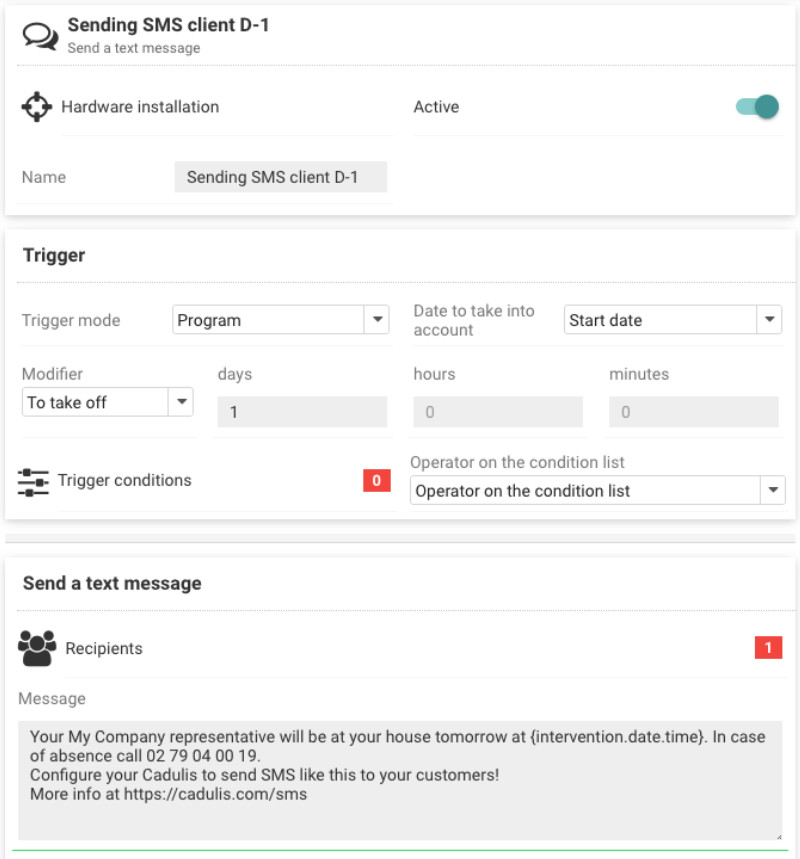 SMS trigger configuration