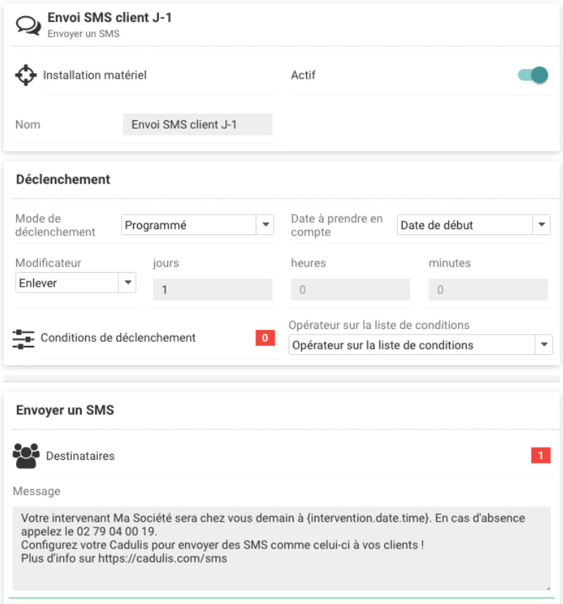 Configuration de déclenchement SMS