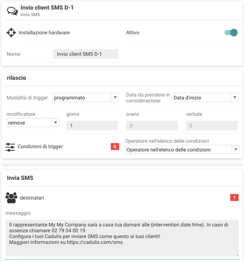 Configurazione trigger SMS