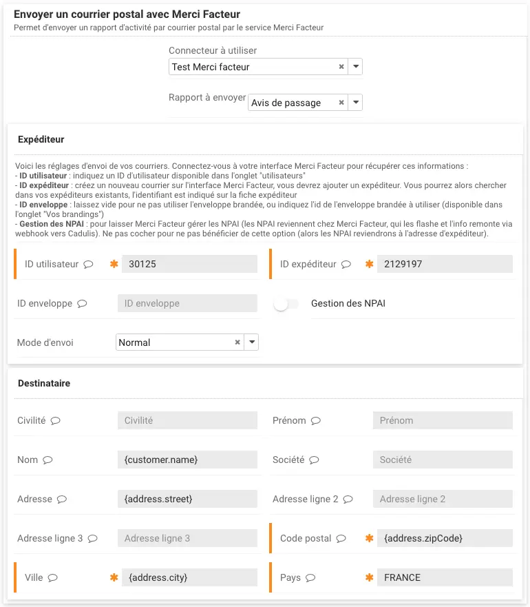 Configuration de l'envoi postal