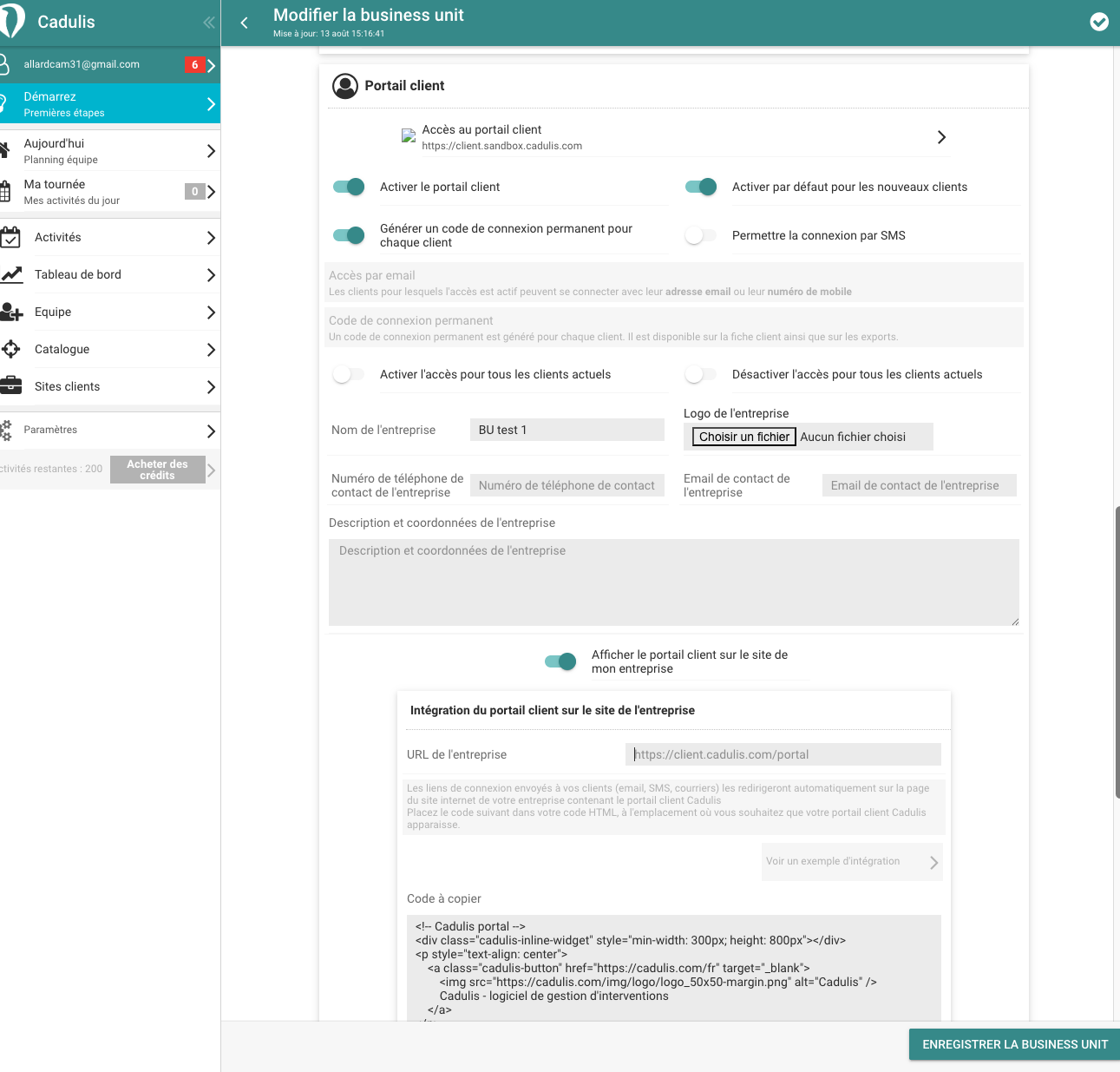 Client portal tab, integrated portal activation
