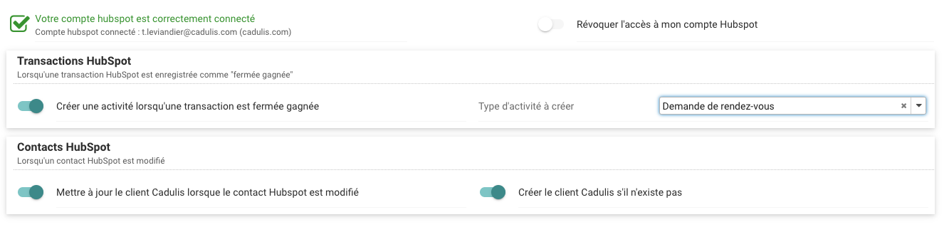Configurez la réception des informations depuis HubSpot